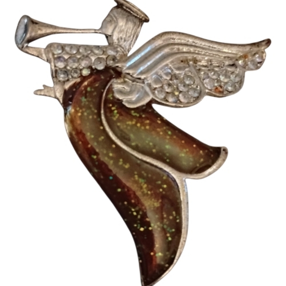 Christmas Angel Pin, Enamel, Glittered, Gold-toned Metal, Pre-owned